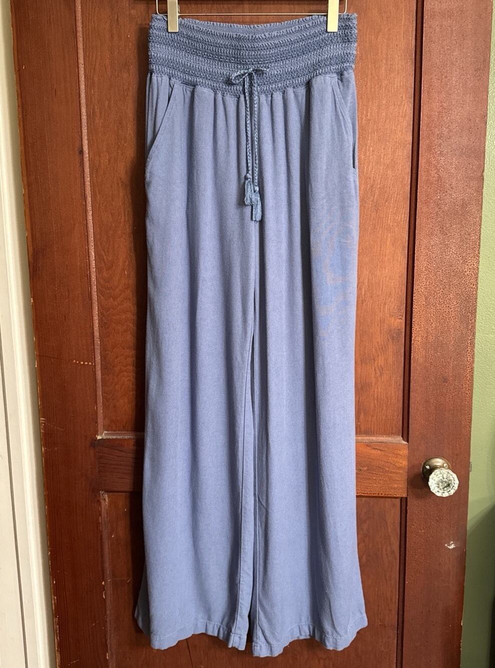 Rewash Blue Wide Leg Palazzo Pants Womens L Boho Lagenlook Flowy Smocked Waist